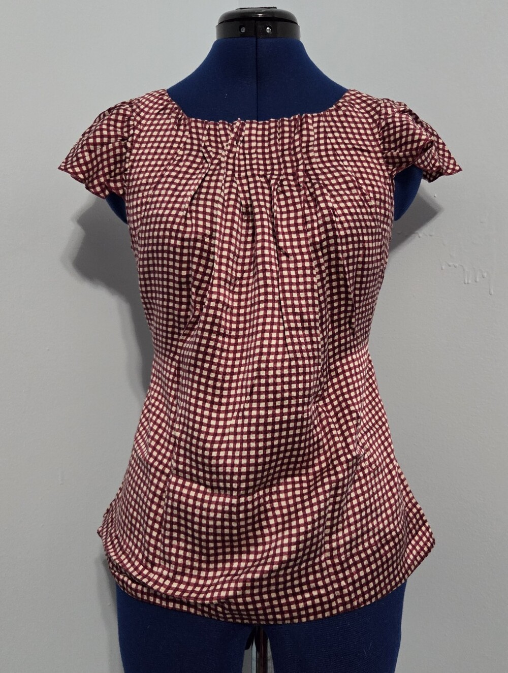 Red Gingham Silk Tie Back Blouse Size XXS